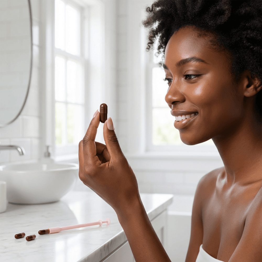 A woman holds her BV treatment capsule in front of her, excited to try a treatment that actually works