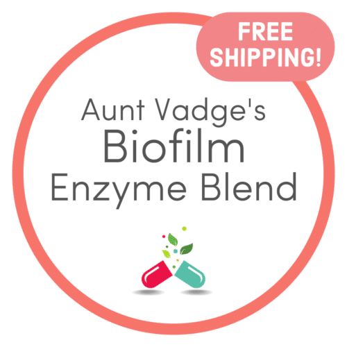 Product badge for Aunt Vadge's Biofilm Enzyme Blend, with free shipping, and two little capsules with herb coming out of them as the image.