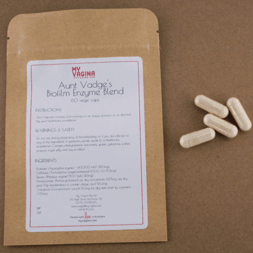 Four biofilm capsules from the biofilm enzyme blend and the packet