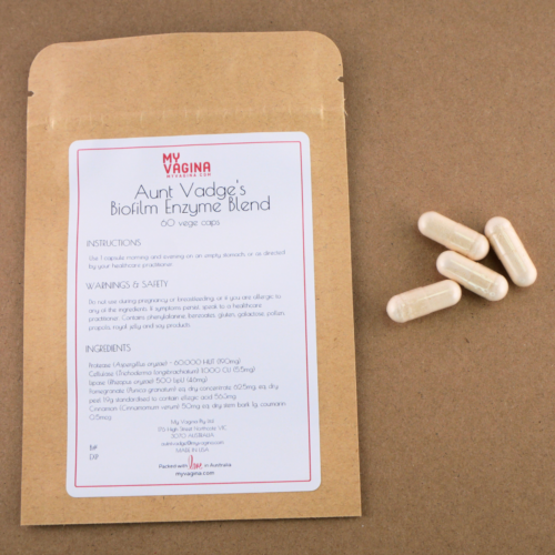 Biofilm Enzyme blend packet with a few capsules next to it.