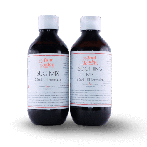 Chronic and acute UTI treatment oral herbal medicine My Vagina, both bottles, the Soothing Mix and the Bug Mix