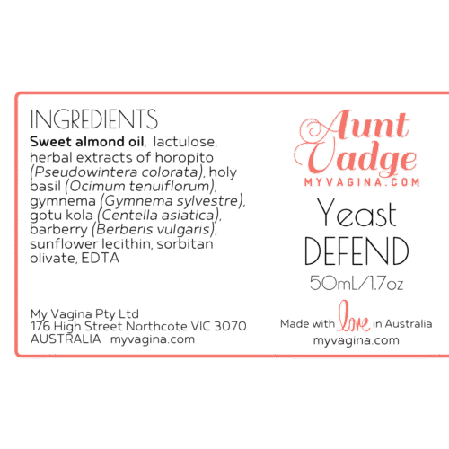 Aunt Vadge's Yeast Defend Label to treat vaginal candida infections