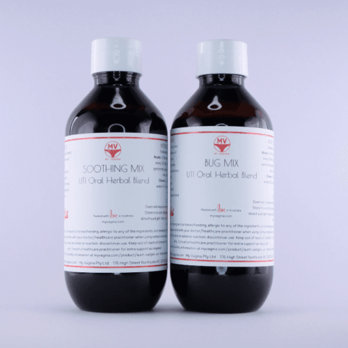 Chronic and acute UTI treatment oral herbal medicine My Vagina, both bottles, the Soothing Mix and the Bug Mix
