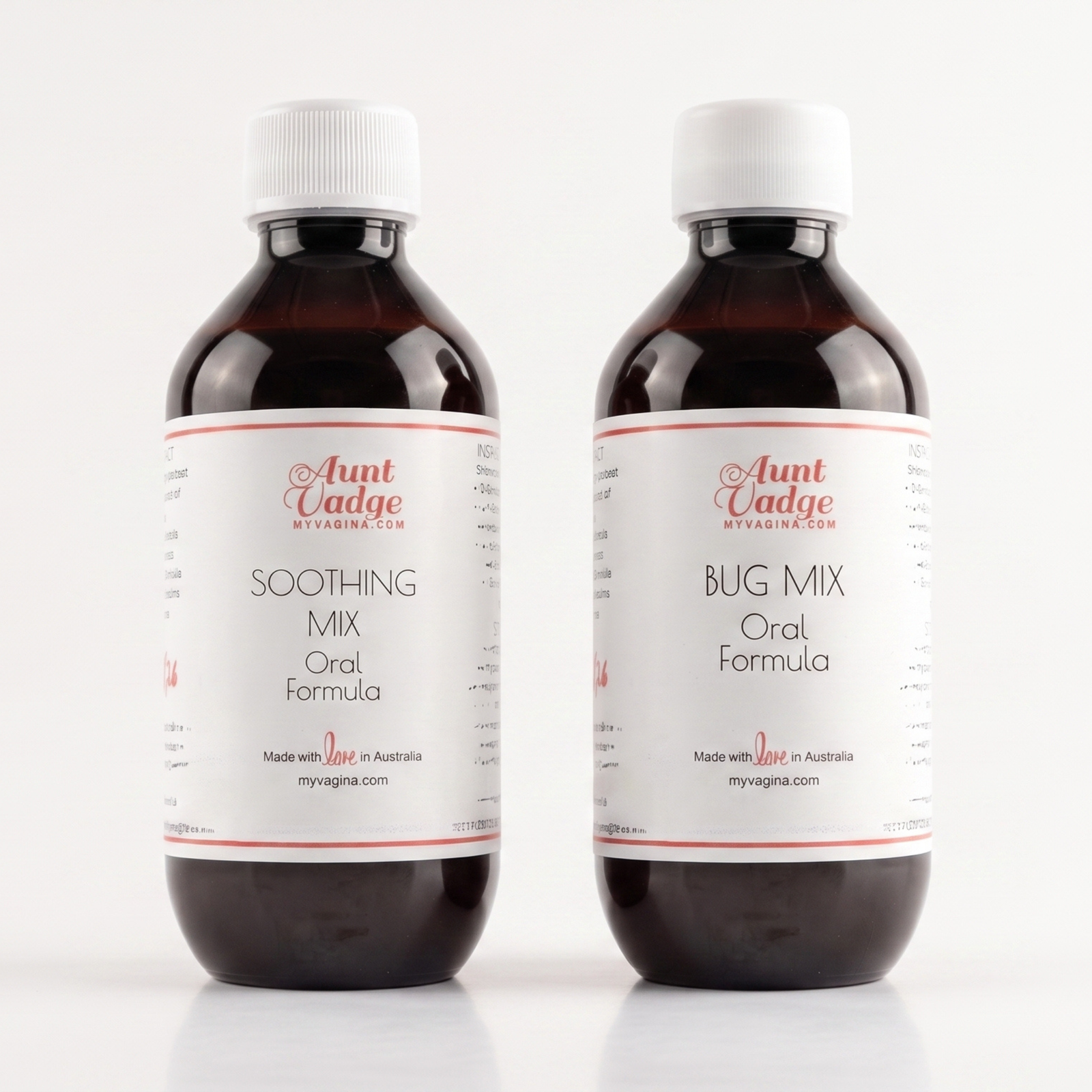 The two bottles of the UTI herbal formulas sit side by side, the Bug Mix for acute flares and the Soothing Mix for ongoing between-flares support to support tissue repair.