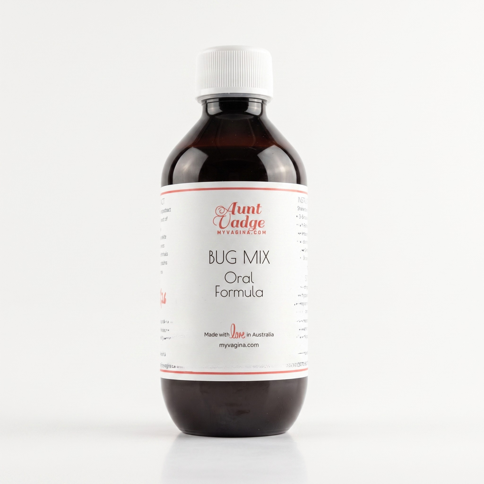 This bottle of Bug Mix is one half of the Oral UTI Formulas, and works on E. coli , E. faecalis and Klebsiella, and other UTI-causing bacteria directly. 200ml bottle, white label, dark amber.
