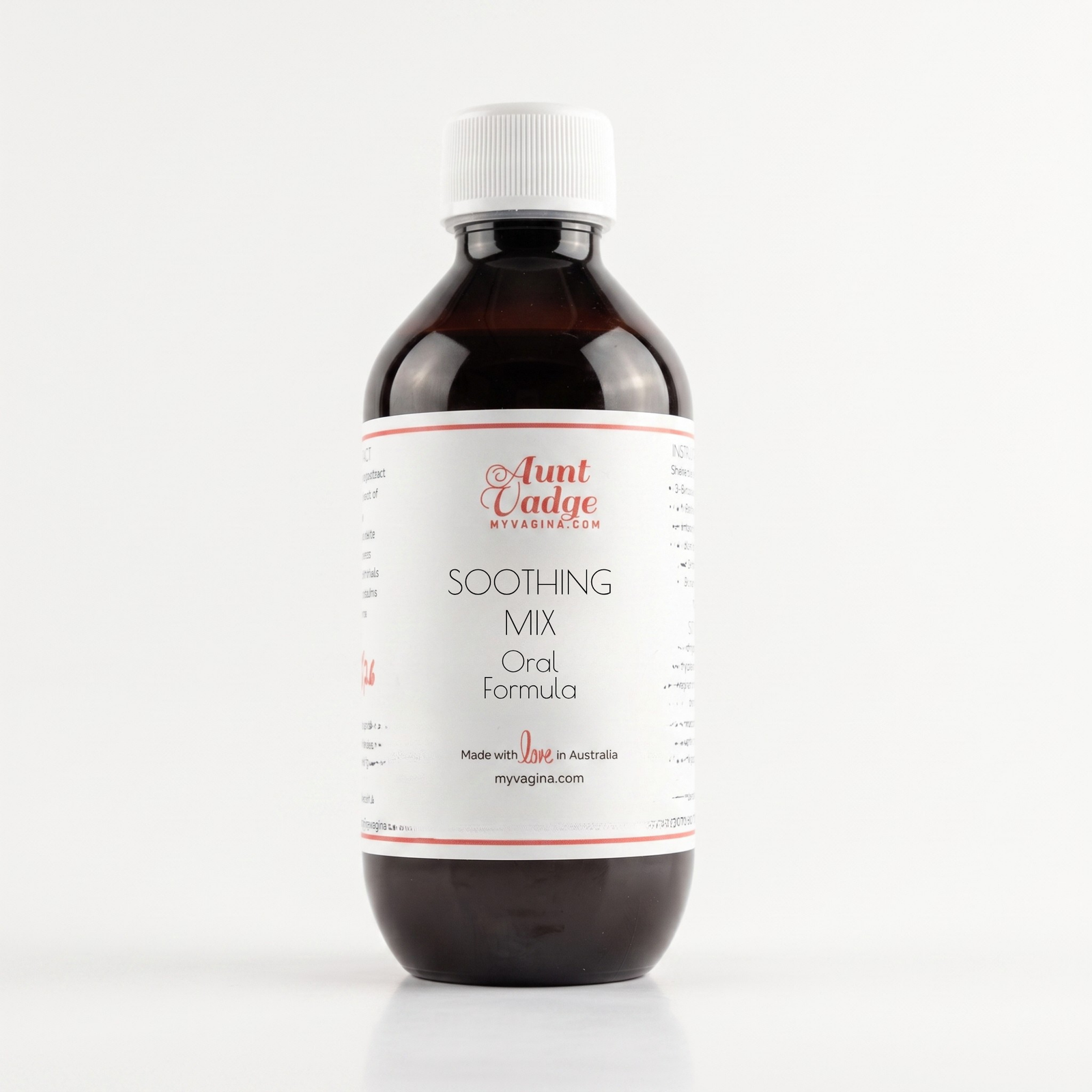This bottle of Soothing Mix is one half of the Oral UTI Formulas, and works onto support the urinary tract mucosa to stay healthy, to help prevent another UTI. 200ml bottle, white label, dark amber.