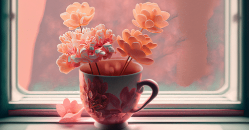 A cup of flowers sits on a windowsill.