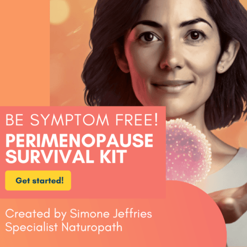 Perimenopause survival kit with a woman smiling with an orb