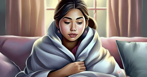 A South Asian 22 year old woman sits wrapped in a blanket on the couch after having the flu and her first bout of bacterial vaginosis. She's a little miserable.