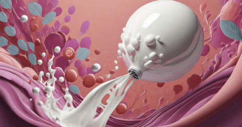 A white balloon which is like a breast spills milk out onto a pink and coral abstract scape.