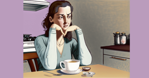 A woman sits at her kitchen table with a cup of tea looking confused and sad about her female sexual dysfunction