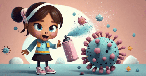 An angry little girl sprays a bacteria with fly spray.