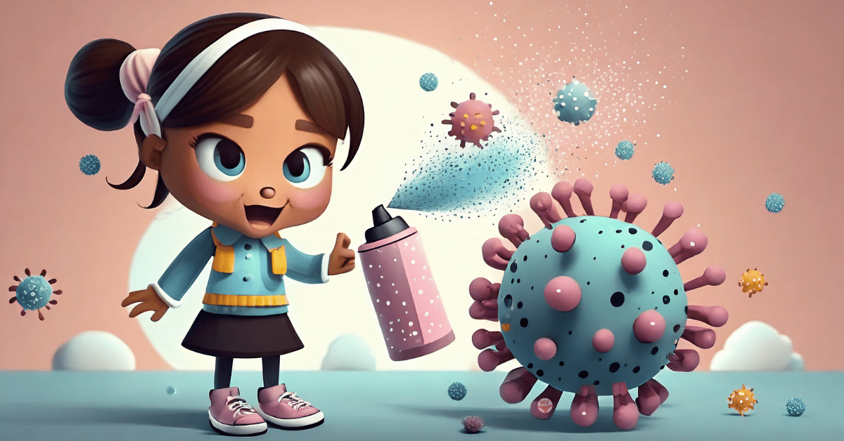 An angry little girl sprays a bacteria with fly spray.