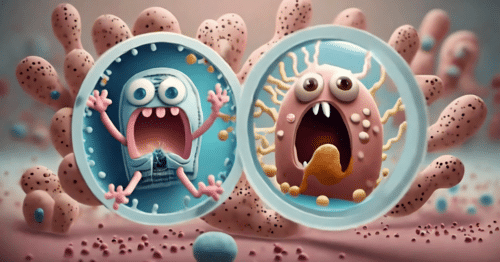 Two bacteria in separate petri dishes screaming with fright, with funny teeth in cute colours