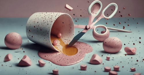 An abstract artwork with a teacup spilling tea onto a table, with a pair of scissors, to show bleeding after a sex mishap.