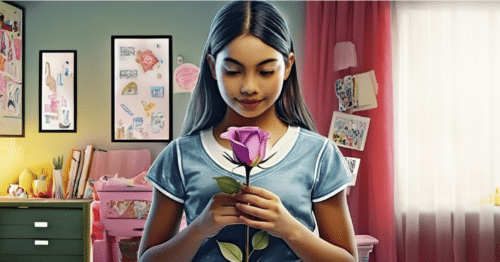 A 14 year old girl holds a single rose (bud!) in her bedroom as she worries about the bud on her vulva.