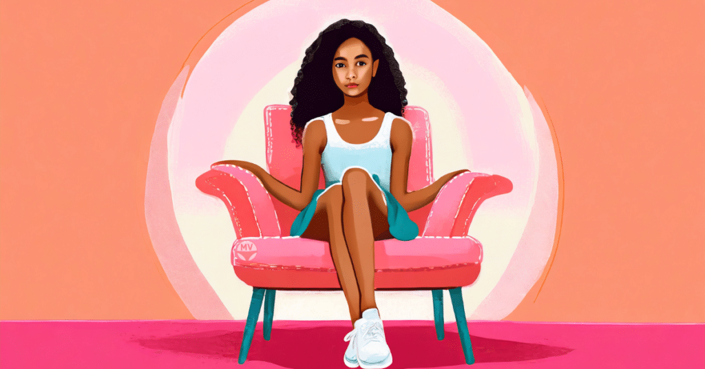 A 15 year old girl with black curly hair sits on a pink lounge chair, long skinny legs crossed, looking into the camera wondering where her period is.