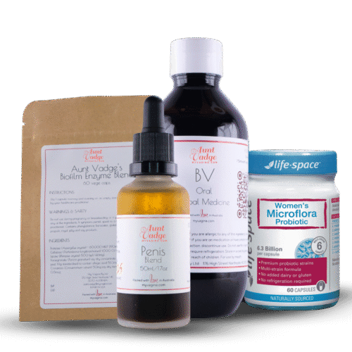 The four-pronged approach fixer box collection of probiotics, biofilm busters, oral herbal medicine and penis treatment to treat BV or AV.