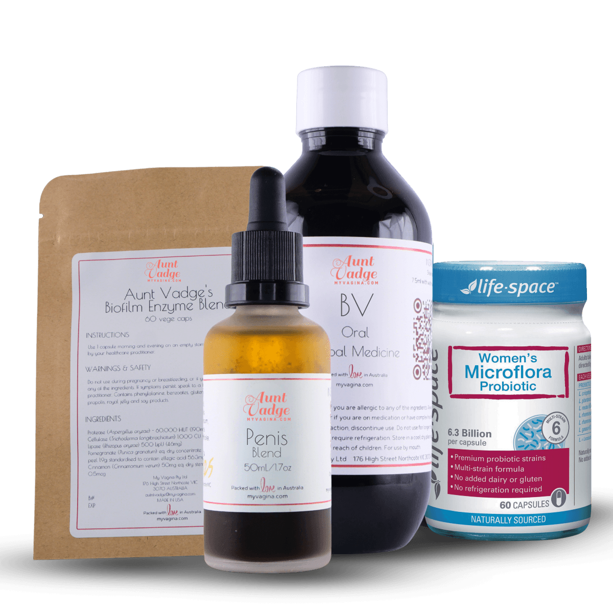 The four-pronged approach fixer box collection of probiotics, biofilm busters, oral herbal medicine and penis treatment to treat BV or AV.