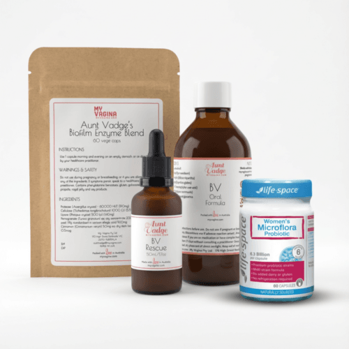 The four-pronged approach fixer box collection of probiotics, biofilm busters, oral herbal medicine and men's treatment to treat BV or AV.