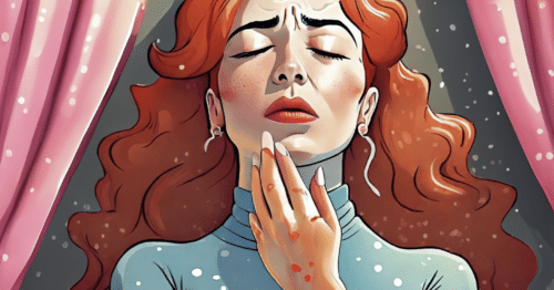 A redhaired woman has her eyes closed and looks troubled as she itches her face with a hand that has red splotches on it from an allergy.
