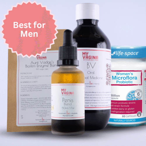 The four-pronged approach fixer box collection of probiotics, biofilm busters, oral herbal medicine and penis treatment to treat BV or AV.