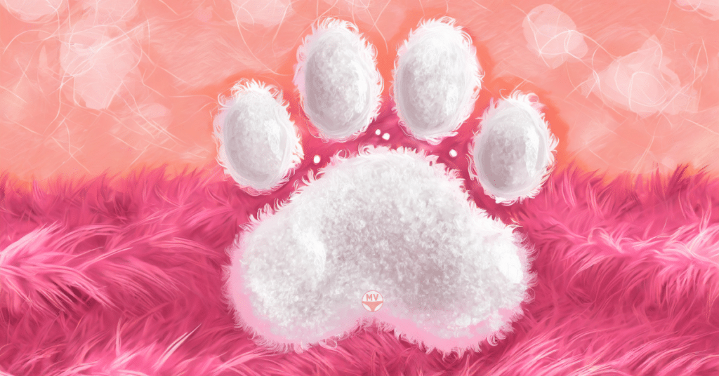 A big fluffy dog paw print is on a pink shag pile rug.