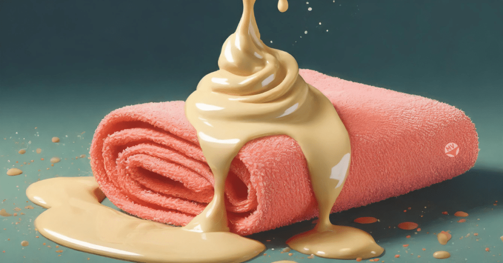 An image of mayonnaise being dripped onto a towel, which is to depict semen on a towel.