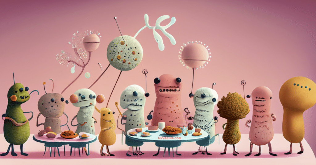The Last Supper of cute bacteria, all standing around a table having a birthday party