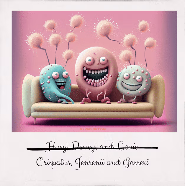 Three cute bacteria sit on a couch, and the names Huey, Dewey and Louie have been crossed out, because this is Lactobacillus crispatus, jensenii and gasseri, the three amigos.