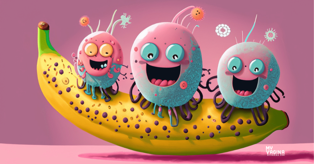 Three googly eyed happy cute bacteria ride a banana.