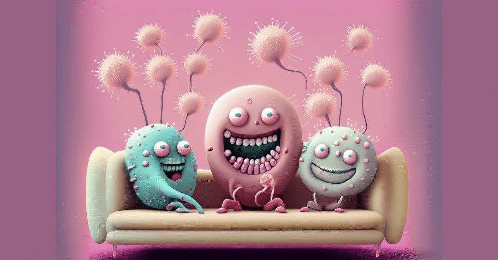Three vaginal bacteria sit laughing on a couch.