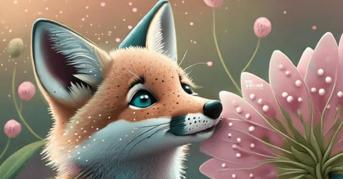 A very cute little fox sniffs a giant flower