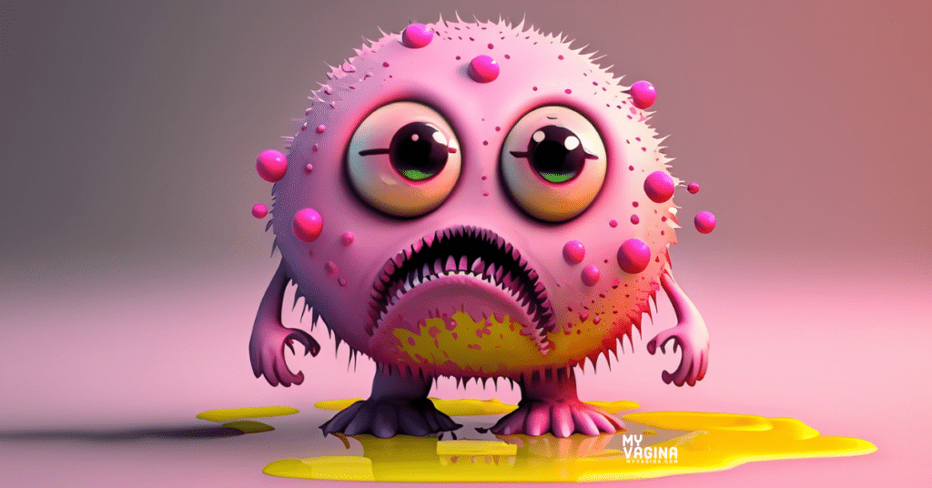 A small cute monster is covered in lumps and is standing in a puddle of yellow discharge. Not looking super happy, and who could blame him!