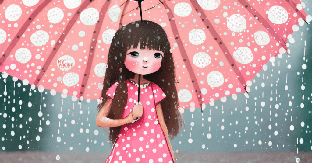 A small Asian girl stands under a pink umbrella, it is raining the white dots and specks the woman discussed being in her underwear in this Ask Aunt Vadge question