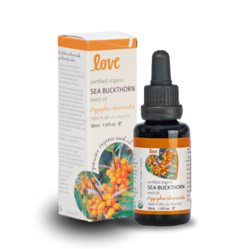 The bottles and box of Love Oils Seabuckthorn oil for menopause and dry vagina
