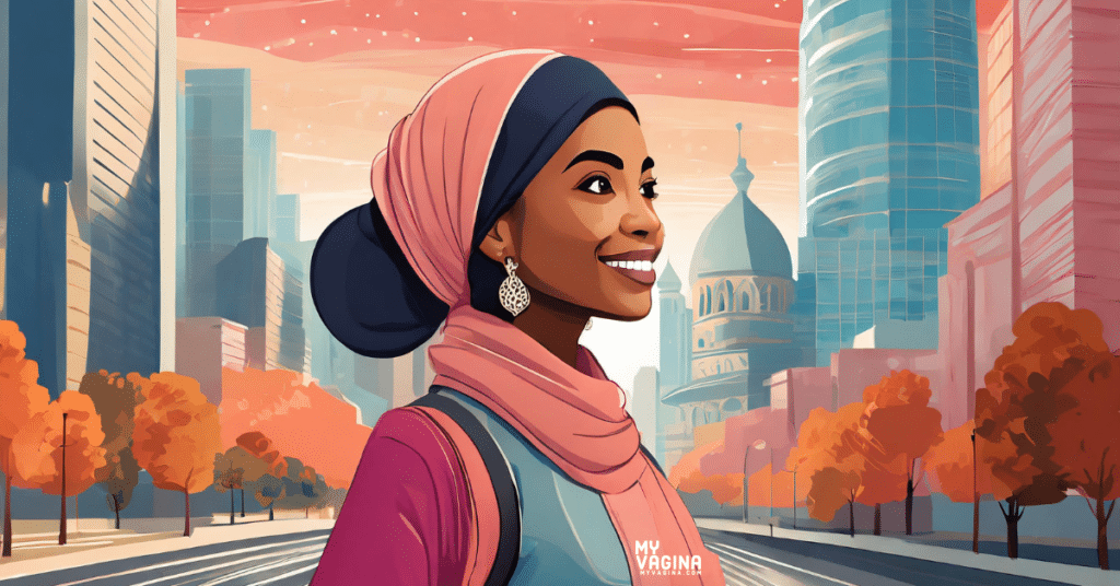 A gorgeous Muslim woman stands in the city looking up at the buildings with a big grin on her face.