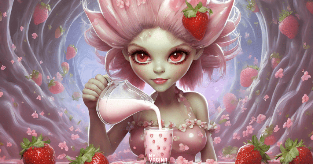 A very pink feminine creature pours strawberry milk into a glass, though is she in a vaginal canal? it's hard to tell!