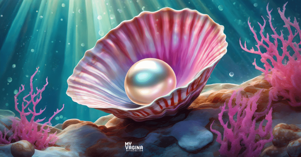 A pretty clam sits under the sea with a shiny pearl in it.