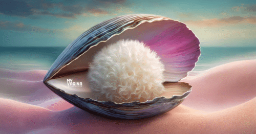 A fluffy white ball of smegma sits calmly between the shells of a mussell on a beach.