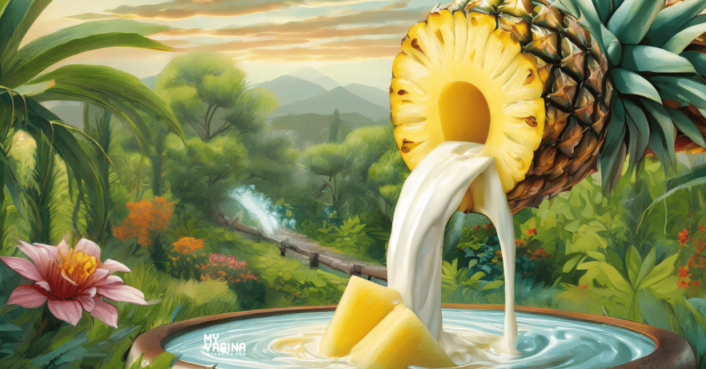 A pineapple is pouring out yoghurt into a pool in a beautiful garden, to illustrate delicious vaginal flavours!