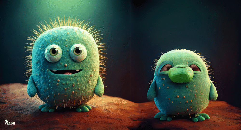 Two bacteria sit on a mound looking suspicious - they are prevotella and they cause BV.