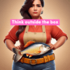 A woman stands with her hands on her hips with a fish in her belt, and the caption says "think outside the box"