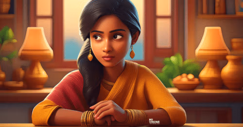 A young Indian woman sits looking concerned at her kitchen table, regarding her recent bleeding after fingering. Was it her period? She can't tell.