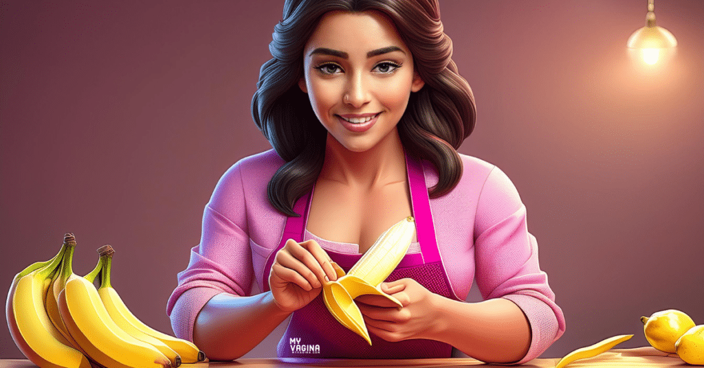 A woman peels a banana, smiling.