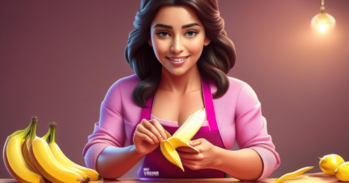 A woman peels a banana, smiling.