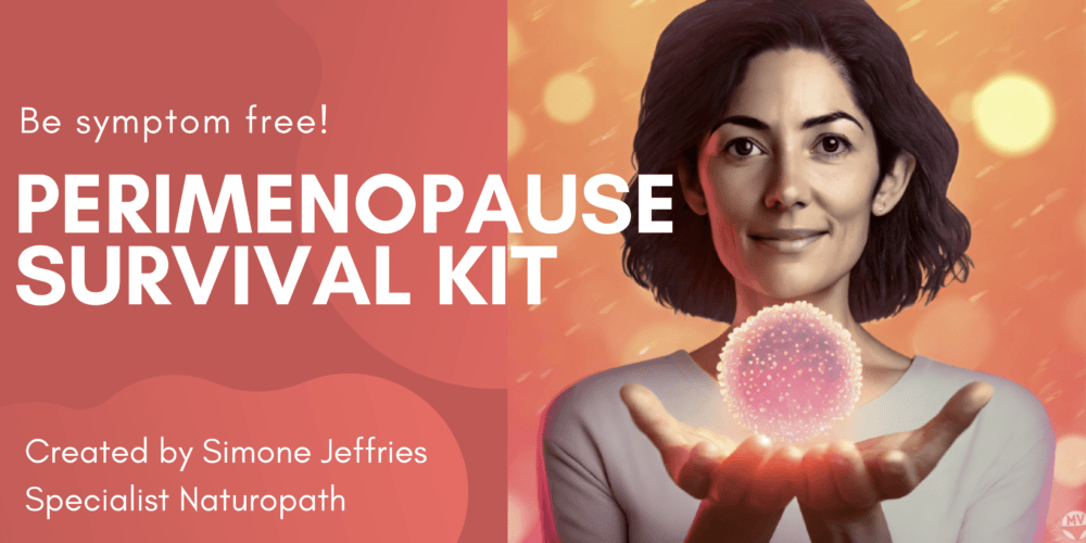 Perimenopause Survival Kit banner with woman holding a glowing orb because she just understood what was happening to her