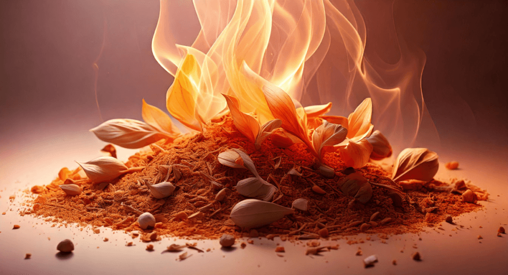 A pile of herbs smoulders with a light flame. Pretty nice, but not if your vagina is burning from a treatment!