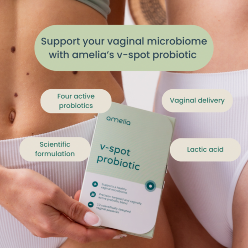 Two women hold the V-spot vaginal probiotic box