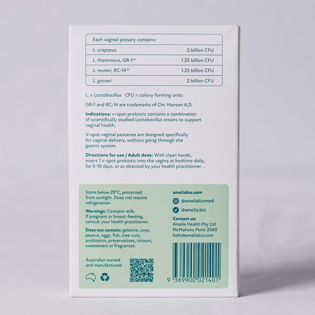 Back of the Amelia V-Spot Probiotic box showing the probiotic strains, directions and ingredients